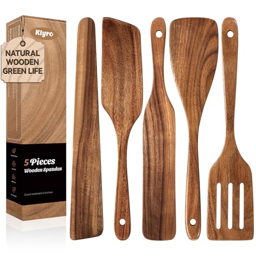5 PCS Wooden Spatula Set, Natural Teak Wooden Spoons for Cooking, Nonstick Cookware Safe Kitchen Utensils Set, Durable & Elegant Cooking Utensils Gift Set