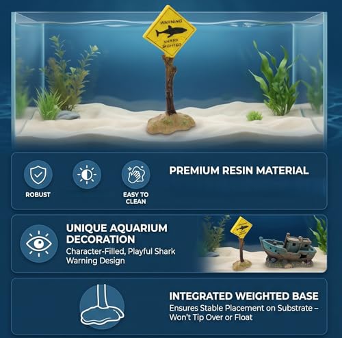 GLOGLOW Aquarium Decor Warning Sign, Resin Shark Warning Sign Ornaments for Fish Aquatic Plants Accessories Theme Decorations 5.7x2.2x1.4in