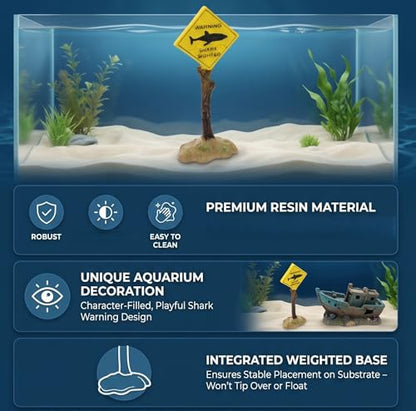 GLOGLOW Aquarium Decor Warning Sign, Resin Shark Warning Sign Ornaments for Fish Aquatic Plants Accessories Theme Decorations 5.7x2.2x1.4in