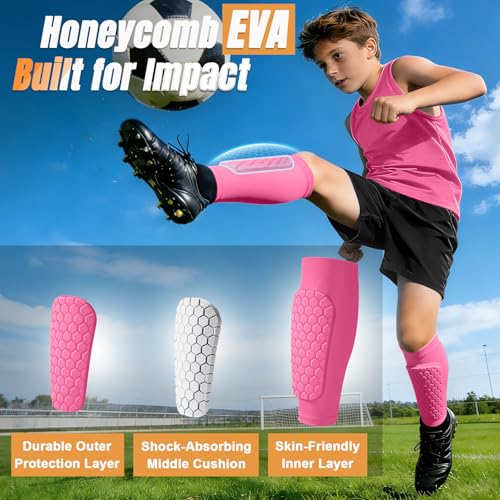 2 Pack Soccer Shin Guards Shin Defender for Kids Youth,XZQTIVE Soccer Shin Pads Shin Guard Sleeve with Honeycomb Padding,High Impact Resistant Compression - color: Light Pink, size: X-Large
