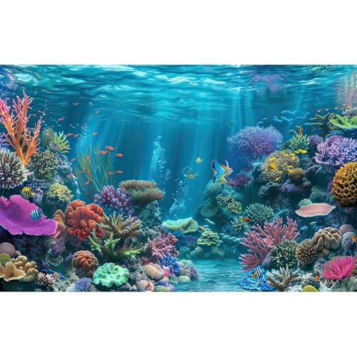 Under The Sea Aquarium Background Turquoise Underwater World Theme Terrarium Background Deep Ocean Sea with Coral Rocks Fish Tank Backdrop Tropical Ocean Marine with Sunbeams Backdrops 24x16in - color: Blue Brown, size: 24(W)x16(H)in