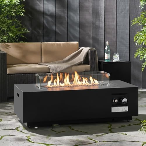 42'' Outdoor Propane Fire Pit Table, 50,000 BTU Rectanle Natural Gas Fire Pits with Tank Cover Wind Guard, No Assembly Low Profile Fire Table for Outside Patio & Backyard, Black - size: 42"