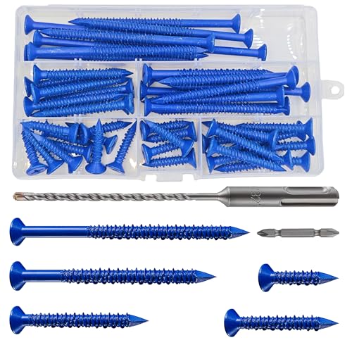49 PCS) 1/4"" Concrete Screw Anchor Kit Blue Flat Head for Anchoring to Masonry, Block or Brick Stucco - color: Blue, size: 1/4" kit