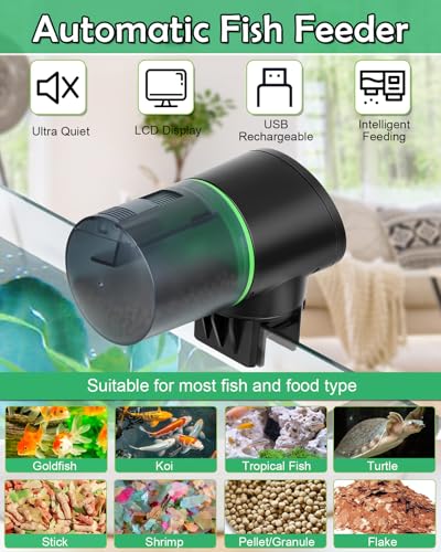 Automatic Fish Feeder for Aquariums - Rechargeable Auto Fish Food Dispenser Timer Feeder with USB Charger Cable，LCD Screen, Customized Schedule - color: Green