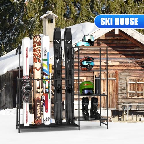 Freestanding Ski Rack, Ski Storage Rack w/Width-Adjustable Bars | Ski & Snowboard Rack Organizer for Garage, Home