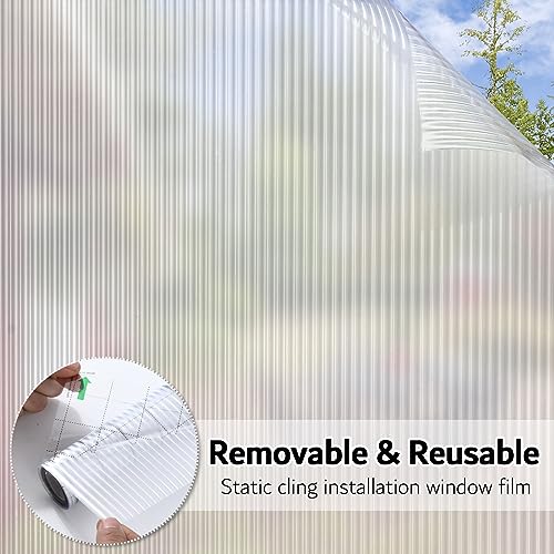Reeded Glass Window Film, Window Privacy Film, Frosted Window Vinyl, 3D Decorative Decals Non Adhesive for Bathroom Living Room 17.7x78.7 inches