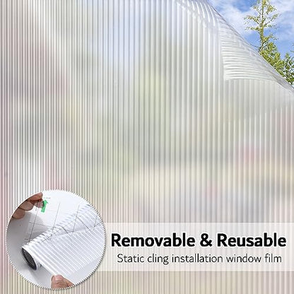 Reeded Glass Window Film, Window Privacy Film, Frosted Window Vinyl, 3D Decorative Decals Non Adhesive for Bathroom Living Room 17.7x78.7 inches