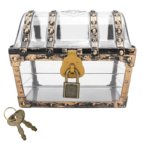 Treasure Chest Box, Small Pirate Treasure Case with Lock and Key, Transparent Jewelry Storage Container Display Toy Candy Seashell Gemstone Crystal Keepsake Gift, Retro Nautical Home Decor 5''x4.5''