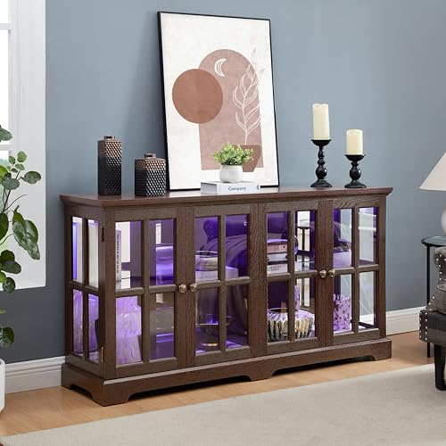 Cherry Finish Antique Display Cabinet with LED Lights, 4 Glass Doors & Adjustable Shelves for Collectibles, Home or Office Showcase