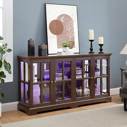 Cherry Finish Antique Display Cabinet with LED Lights, 4 Glass Doors & Adjustable Shelves for Collectibles, Home or Office Showcase