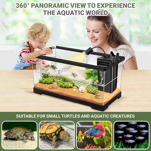 GOZILLA Aquatic Turtle Tank+Lamp+Filter Kit, Upgrade PC Turtle Tank Kit with Adjustable 360°Lamp & Filter,Reptile Habitat Lid,Hanging Platform for Small Reptiles.(19.68× 9.52× 9.44''/Large-Black)