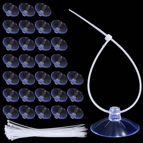 30PCS Aquarium Suction Cups 35mm Mini Suction Cups with 50PCS Adjustabletransparent Zip Ties Fish Tank Suction-Cups Small Sea Sucker Suction-Cup for Plants, Planter, Binding Moss, Window
