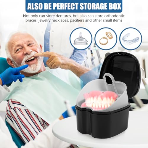 KISEER 2 Pack Colors Denture Bath Case Cup Box Holder Storage Soak Container with Strainer Basket for Travel Cleaning (Light Blue and Black) - color: Light Blue and Black