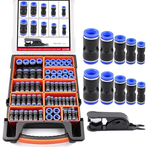 180PCS Push to Connect Air Fittings Kit – Imperial 1/8",1/4",5/16",3/8",1/2" & Metric 4,6,8,10,12mm Straight Pneumatic Quick Connect Assortment for Air Compressor, Workshop, Auto Brake Systems - color: Blue