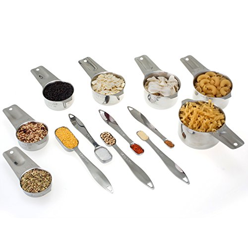 13-piece Measuring Cups and Spoons Set, 18/8 Stainless Steel Heavy Duty Ergonomic Handle with Ring Connector, Silver - color: Silver, size: 13 Piece