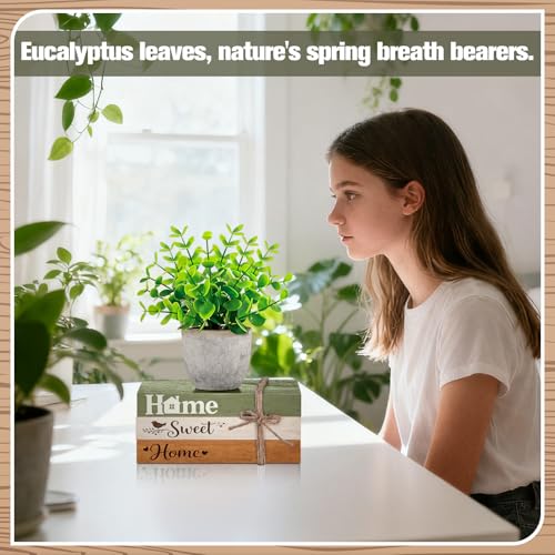 4 Pcs Spring Table Centerpieces with Fake Eucalyptus Pot Plant Home Sweet Home Decoration Farmhouse Tiered Tray Tabletop Decor Wooden Stack Book Block Sign for Desk Shelf Housewarming Gift - style: Classic