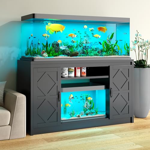 55-90 Gallon Fish Tank Stand with Diamond Doors & Power Outlet, Heavy Duty Aquarium Stand with Cabinet Storage for Fish Tank, Turtle Tank Reptile Terrarium, 900LBS Capacity(Black) - color: Black, size: 53.5"L x 19.7"W x 31.6"H