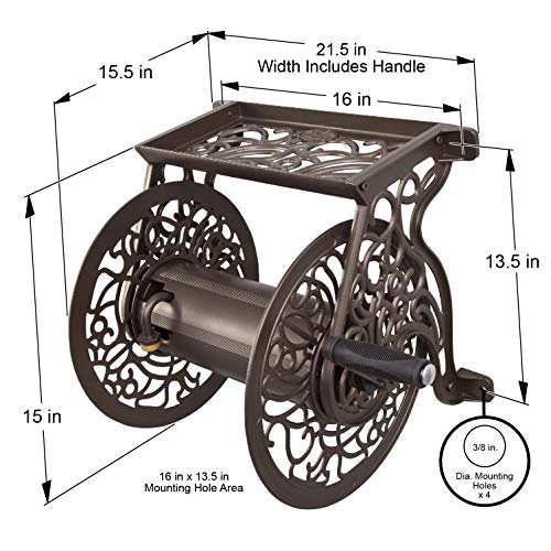 Liberty GARDEN 704 Decorative Cast Aluminum Wall Mount Garden Hose Reel, Holds 125-Feet of 5/8-Inch Hose - Bronze - style: No Hose Guide