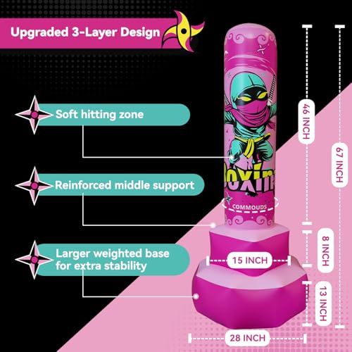 67inch Punching Bag for Kids, Inflatable Kids Boxing Set with Gloves, Fast Rebound Punching Bag for Practicing Karate, Taekwondo, MMA, Christmas/Birthday Gift for Boys Girls, Ages 6-14 - color: Pink