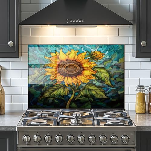 Evgosm Tempered Glass Backsplash for Kitchen， Stove Splashback, sunflower Glass Backsplash, Used for Kitchen Wall Protection and Decoration, Easy to Install and Clean. (30x20'') - size: 30"L x 20"W, style: sunflower