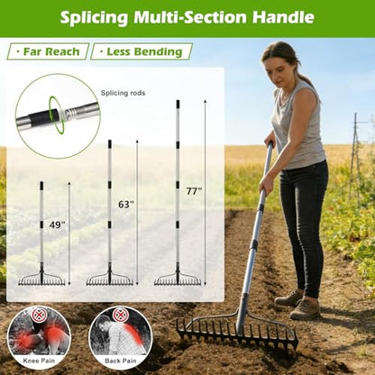 77-Inch Bow Rake, Heavy Duty Metal Garden Rake with 17 Tines & Adjustable Handle – Landscape Rake for Moving Gravel,Loosening Soil,Leveling Ground,Gathering Leaves,Spreading Mulch–Lawn Yard Farm Tool