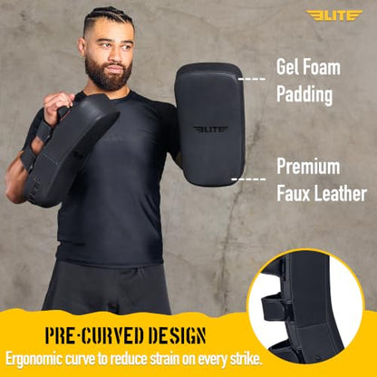 Elite Sports Pre-Curved Muay Thai Kickboxing Training Pad for Kickboxing,MMA,Taekwondo,Karate. Ideal for Punches,Knees, and Kicks in Martial Arts Training (ONE PAD ONLY) - color: Solid Black