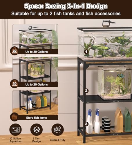 20-30 Gallon Aquarium Stand, Fish Tank Stand with Adjustable 3-Tier Storage Shelf, Heavy Duty Reptile Breeder Turtle Tank Terrarium Rack Table for Home Office, 30" L x 12" W x 32.2" H, Black