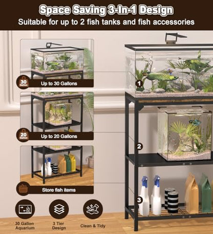 20-30 Gallon Aquarium Stand, Fish Tank Stand with Adjustable 3-Tier Storage Shelf, Heavy Duty Reptile Breeder Turtle Tank Terrarium Rack Table for Home Office, 30" L x 12" W x 32.2" H, Black