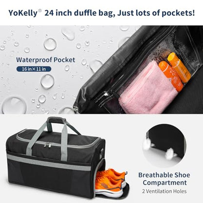 65L Gym Bag for Men, Wet Pocket, Shoe Compartment, 24 inch, Black