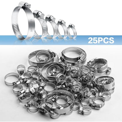 25 Pcs Adjustable Stainless Steel Hose Clamps Assortment, 1/4-2 in (6-51mm) Metal Pipe Clampss, Heavy Duty Automotive Worm Gear Hose Clamps for Plumbing Garden Home Washing Machine, etc