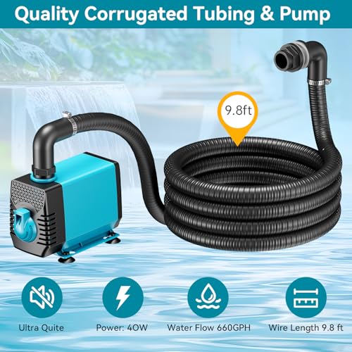 Pond Waterfall with Pump Kit, 304 Stainless Steel Waterfall Spillway with 40W 660GPH Pump, Pond Spillway with 9.8FT Corrugated Tubing for Garden (12inch)-P43 - size: 12INCH