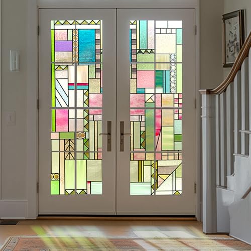 3D Stained Glass Window Privacy Film, Heat Control UV Blocking Static Cling Decorative Window Film for Bathroom,Front Door,Home Non Adhesive 16.9 x 39.3 inches Colorful Abstraction - color: Colorful Abstraction, size: 16.9 x 39.3 inches