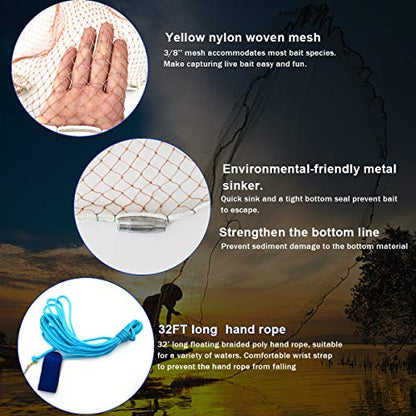 Saltwater American Fishing Cast Net 3/8inch Mesh Size for Bait Shrimp Trap Fish Heavy Duty Sinkers Throw Net 3FT/4FT/5FT/6FT/7FT/8FT/9FT/10FT Radius - color: yellow, size: 7FT Radius, style: Zinc-iron--tire Lines -3/8" Mesh 1lb/Ft