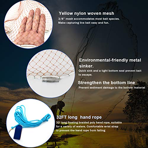 Saltwater American Fishing Cast Net 3/8inch Mesh Size for Bait Shrimp Trap Fish Heavy Duty Sinkers Throw Net 3FT/4FT/5FT/6FT/7FT/8FT/9FT/10FT Radius - color: yellow, size: 6FT Radius, style: Zinc-iron--tire Lines -3/8" Mesh 1lb/Ft