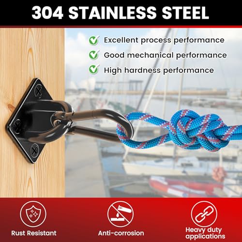 sprookber 304 Stainless Steel Pad Eye Snap Hook,M8 Ceiling Hook 1200Lb,8Pcs - size: 3.15 inch, style: Black Square