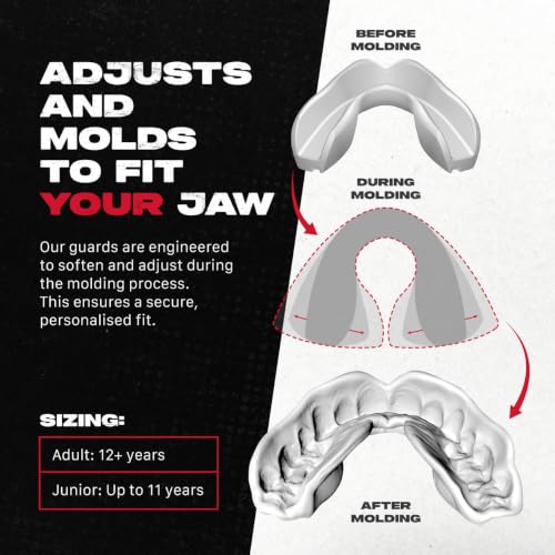 SAFEJAWZ Sports Mouth Guard Triple Layer Premium Protection with Shock-Cage | Adult 12+ Years, Grey Gum Shield with Case, Easy Fit Remouldable, Anti Gag, Rugby, Boxing, MMA, Hockey, Contact Sports - color: Grey