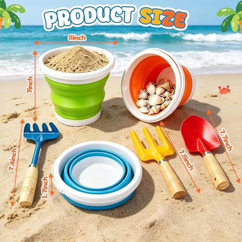 Gardening Tools Set Foldable Beach Bucket with Metal Shovels for Adults, Collapsible Pails Sand Bucket for Basket Camping Gardening Fishing, Essential Travel Gadget 6PCS
