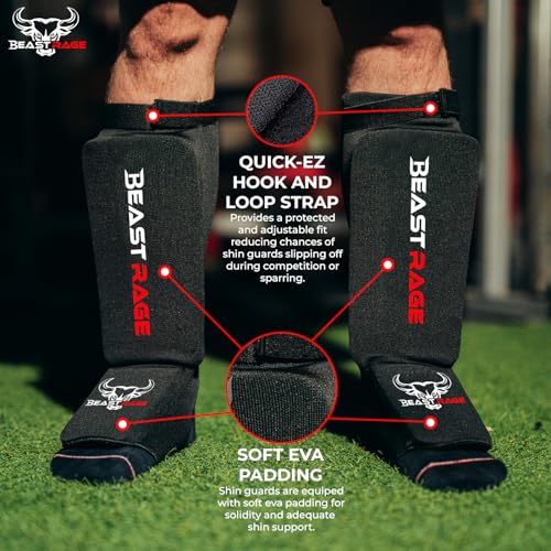 BEAST RAGE Shin Guards for Muay Thai, Kickboxing, MMA Leg Guards Martial Arts Taekwondo, Boxing, Elasticated Sock Padded Leg Instep Pads, Shin Pads,Sparring Training, Karate BJJ - color: BLACK RED, size: Medium