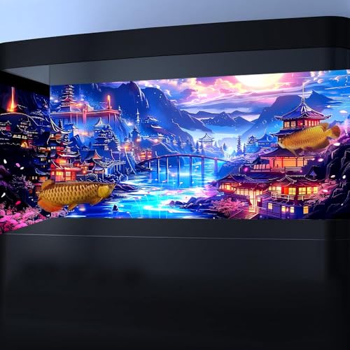 30X12IN Blacklight Japanese Anime Black Light Aquarium Background, UV Art City Night Fish Tank Background Scenery Terrarium Background with 10 EVA Double-Sided Tape - size: 30X12in/75X30cm