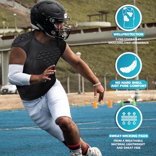 TUOY Adult Rib Chest Protector, New Version - Padded 5 Pads Baseball Football Lacrosse Rib Heart Sternum Guard - color: RY-Black, size: Medium