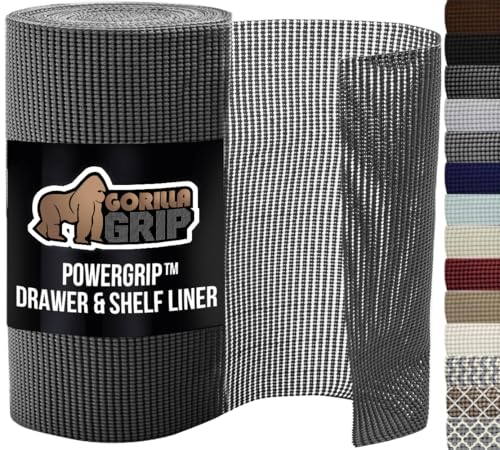 GORILLA GRIP powerGRIP Drawer Shelf and Cabinet Liner, Thick Strong Hold, Non-Adhesive Liners Protect Kitchen Cabinets and Cupboard, Bathroom Drawers, Easy Install, Breathable Mat, 12" x20', Charcoal - color: Charcoal, style: 12" x 20'