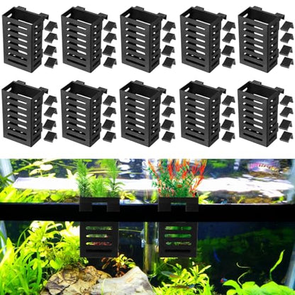 10PCS Aquarium Plant Holder with Hooks, Hanging Rimmed Tank Plant Pot Aquarium Planters Cups, Upgraded Aquatic Planter Cups for Fish Tank Aquaponic Planter and Aquascape Decorations (10)