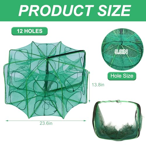 3 PCS Fishing Bait Trap, 12 Holes Portable Nylon Fishing Net Foldable Fish Cast Mesh Trap Net for Fishes, Shrimp, Minnow, Crayfish, Crab, Crawdad