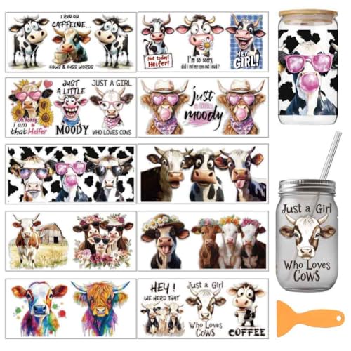 arricraft 10 Pcs Cattle Theme Cup Printing UV Transfer Papers, 10 Styles Highland Cattles Funny Cows PVC DIY Heat Transfer Stickers for 16 OZ Glass Cups Crafts 9.5x4.3inch - style: Cattle Theme