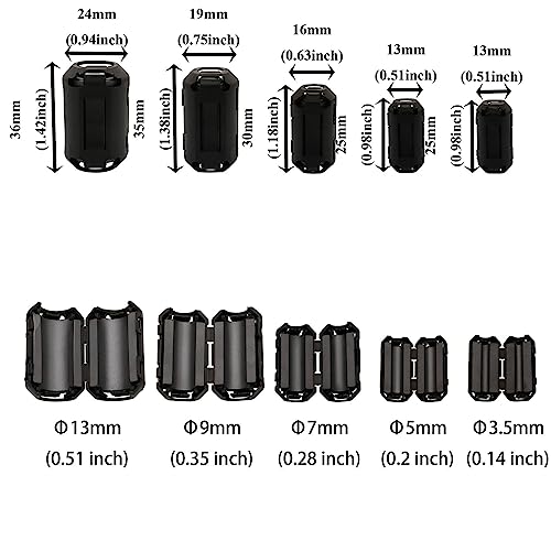 70Pcs Ferrites Clip-on Ferrite Ring Core RFI EMI Noise Suppressor Cable Clip for 3.5mm/ 5mm/ 7mm/ 9mm/ 13mm Inner Diameter Tvs,Speakers,Radio,Audio Equipment Noise Suppressor Video Cable Power Cord