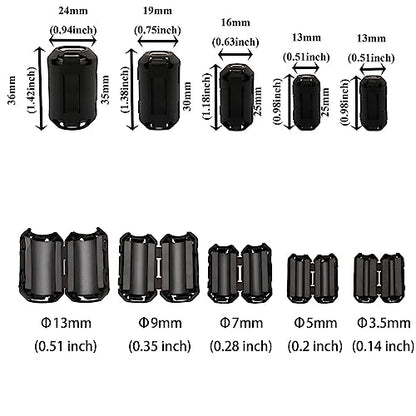 70Pcs Ferrites Clip-on Ferrite Ring Core RFI EMI Noise Suppressor Cable Clip for 3.5mm/ 5mm/ 7mm/ 9mm/ 13mm Inner Diameter Tvs,Speakers,Radio,Audio Equipment Noise Suppressor Video Cable Power Cord