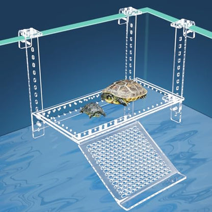 Hanging Turtle Dock Turtle Tank Accessories Adjustable, Large Basking Platform with Freely Installable Climbing Ramps for Aquatic Turtles Sturdy, Wobble-Free Design in Acrylic Material 13'' - size: 13 x 6.9 Inch