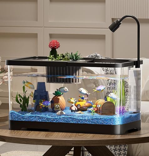 TaLcuS Acrylic Aquarium with LED Light, Rectangular Aquarium with Filter and Oxygen Supply, Gold Fish Tank Starter Kit, Clear Silent Aquarium(Black,52.7 * 29.3 * 28cm)