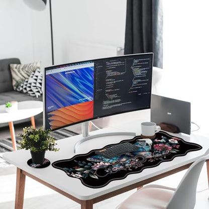 Large Gaming Mouse Pad, Keyboard Wrist Rest Pad & Wrist Support Mousepad Set, Stitched Edge, Extended, Non-Slip Base, Memory Foam Desk Mat for Office, Home,Aesthetics Floar Butterfly Moon - color: Aesthetics Floar Butterfly Moon