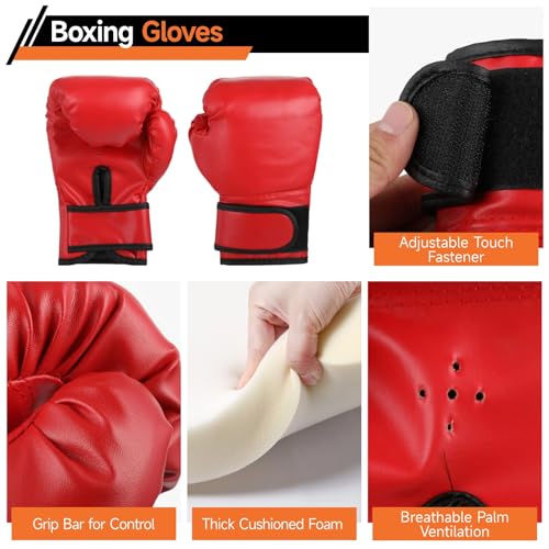 Boxing Equipment Set with Boxing Gloves, Punching Mitts, Boxing Reaction Ball, Hand Guards, Adjustable Headband, Flame Design Young Athlete Boxing Gloves for Boxing, MMA, Martial Arts Training